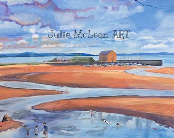 Elie picture, Elie painting, Elie print, Julie McLean, children playing at the beach, Elie Granary, Elie harbour