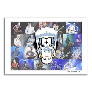 Puede incluir: Una impresión artística enmarcada que presenta un collage de imágenes de un músico con maquillaje teatral, con una superposición de rostro estilizado. La obra de arte incluye una variedad de tomas de actuación y la firma del artista, JDB VANDYRE '20.