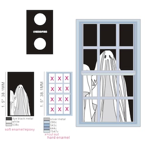 Puede incluir: Una hoja de dise&ntilde;o para dos pines de esmalte con una figura fantasmag&oacute;rica en una ventana. Un pin mide 38,1 mm de alto con metal negro, esmalte blanco y azul claro. El otro es un pin de marco de ventana de metal plateado de 38,1 mm con recortes.