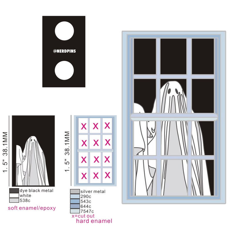Puede incluir: Una hoja de dise&ntilde;o para dos pines de esmalte con una figura fantasmag&oacute;rica en una ventana. Un pin mide 38,1 mm de alto con metal negro, esmalte blanco y azul claro. El otro es un pin de marco de ventana de metal plateado de 38,1 mm con recortes.