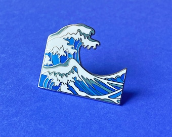 Great Wave Enamel Pin - Silver Finish, Blue Details (1.5 inch)