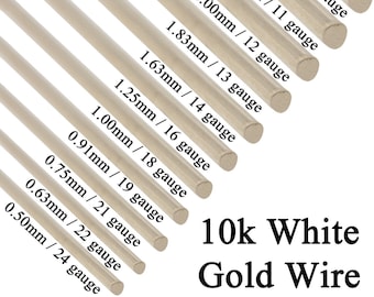 10K Solid White Gold Round Wire Half Hard 1 Inch 10 Gauge - 24 Gauge 0.5mm - 2.5mm