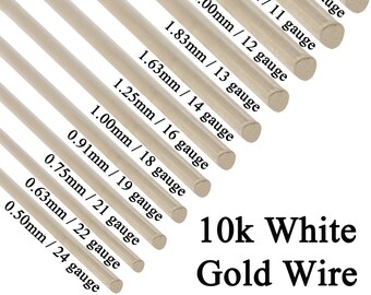 10K Solid White Gold Round Wire Half Hard 1 Inch 10 Gauge - 24 Gauge 0.5mm - 2.5mm