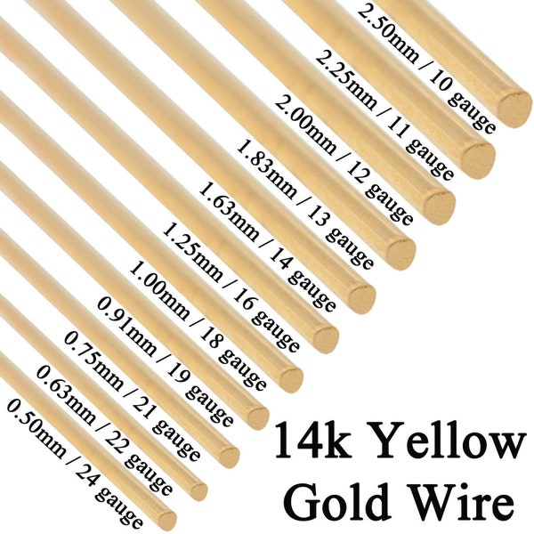 14K Solid Yellow Gold Round Wire Half Hard 1 Inch 10 Gauge - 24 Gauge 0.5mm - 2.5mm