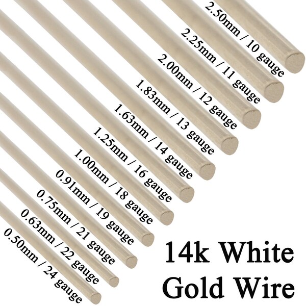 14K Solid White Gold Round Wire Half Hard 1 Inch 10 Gauge - 24 Gauge 0.5mm - 2.5mm