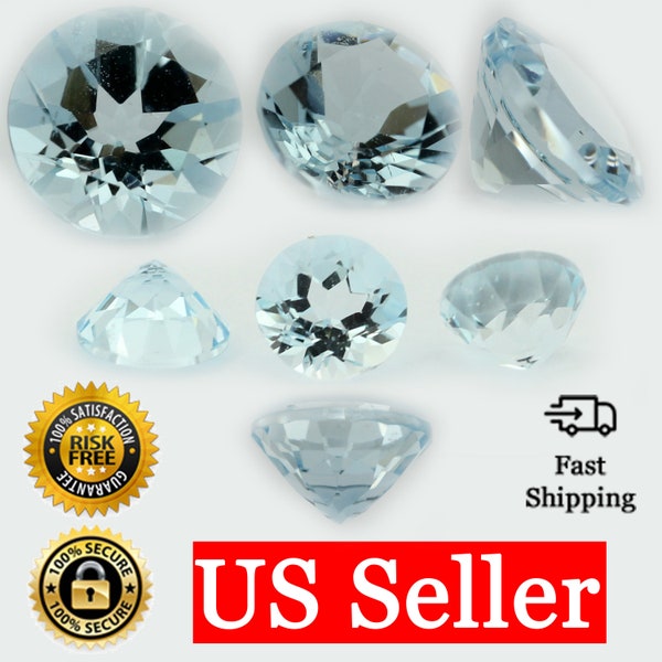 Loose Round Cut Genuine Aquamarine Topaz Stone Single Blue March Birthstone Shape 2mm - 9mm