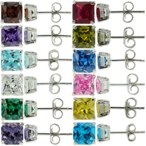 Sterling Silver 925 Birthstone Stud Earrings Princess Cut CZ Womens Babys Girls image 1