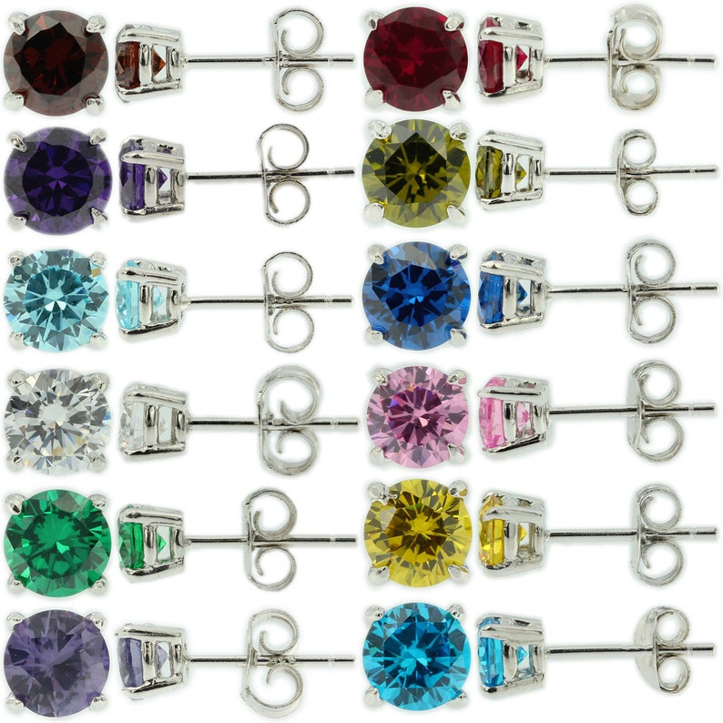 Sterling Silver 925 Birthstone Stud Earrings Round Cut CZ Womens Babys Girls Men image 1