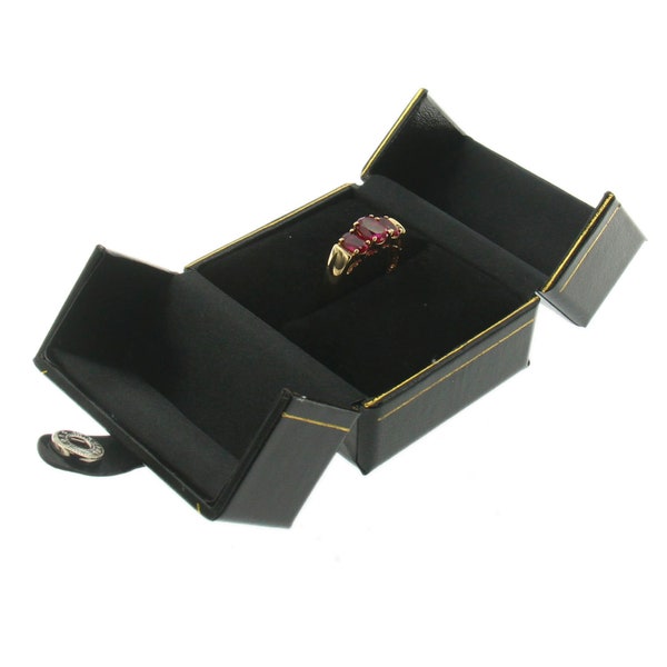 Black Faux Leather Snap Tab Double Door Engagement Ring Box Display Jewelry Gift Box