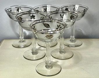 ROCK SHARPE Champagne Glass "Silver Leaf" Tall Sherbet Mid Century Crystal Wine Glass Elegant Faceted Stem LIBBEY Vintage Set of 6