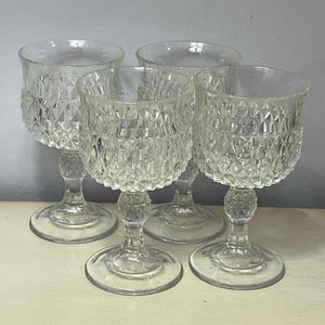 DIAMOND POINT Wine Glass Indiana Glass Ball Stem Midcentury GOBLETS Vintage Set of 4