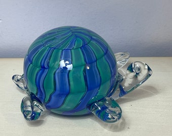 Blown Glass TURTLE Figurine Encased Blue & Green Art Glass Paperweight