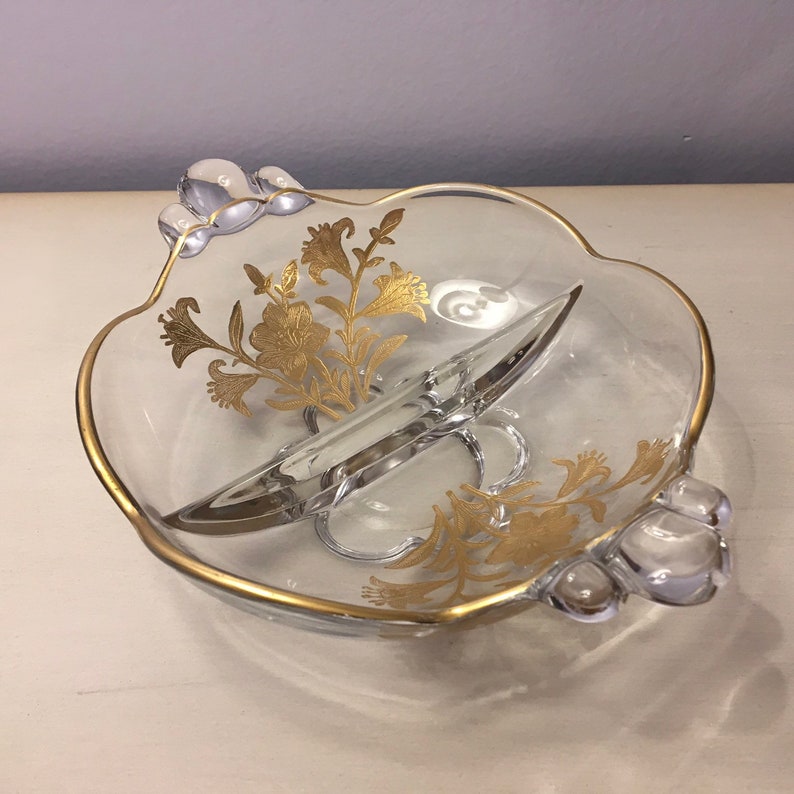 Duncan Miller CANTERBURY Bowl GOLD OVERLAY Divided Dish with Lily Etch