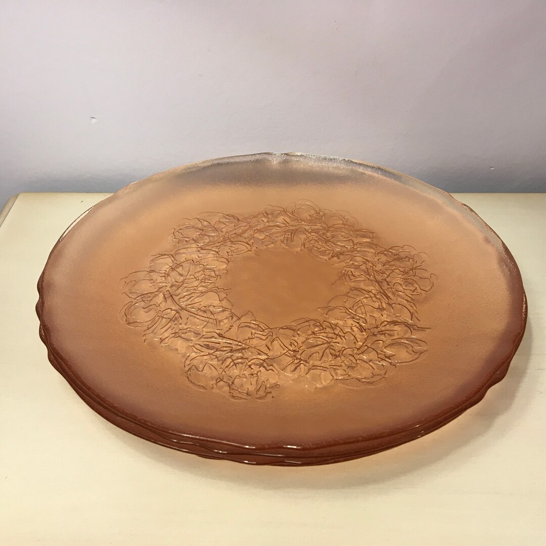 ROSALINE Pink Glass Dinner Plates Intaglio Floral Design Stippled Pebble Finish ARCOROC Made in