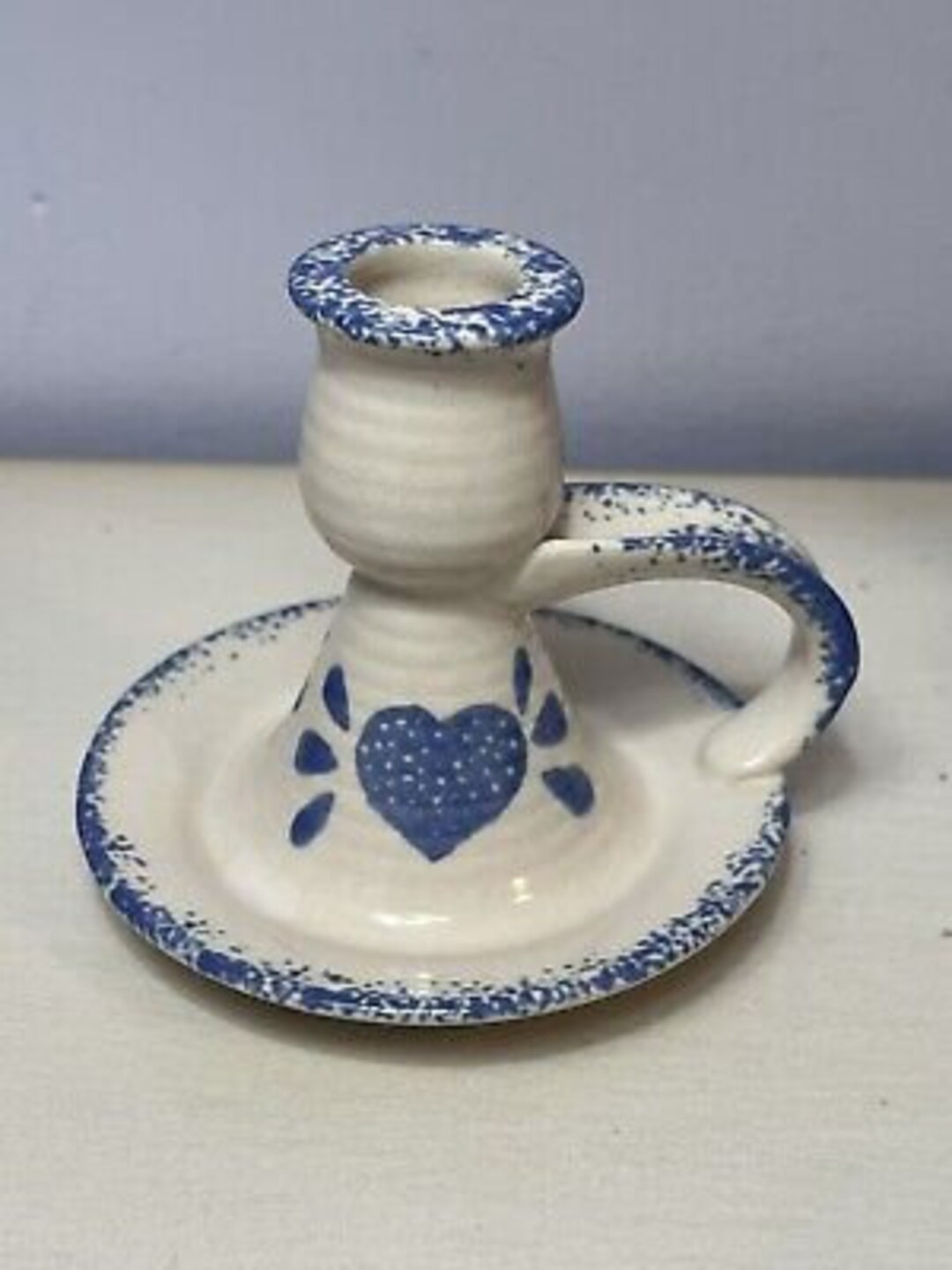 Loomco Blue Heart Candlestick W/ Finger Hold Sponge Painted Etsy