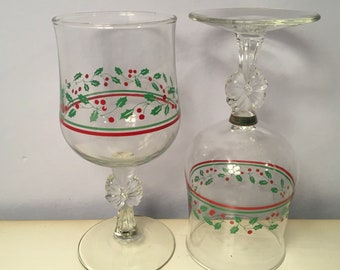 Vintage Arby's Christmas Wine Goblets, Bow Stem, Holly Berry Design, Pair