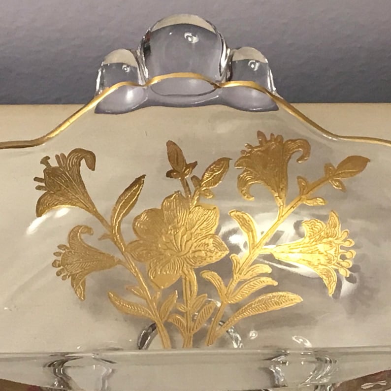 Duncan Miller CANTERBURY Bowl GOLD OVERLAY Divided Dish with Lily Etch
