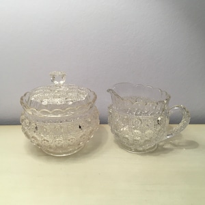 EAPG “Lacy Daisy” Sugar Bowl and Creamer U.S. Glass Button & Cane Optic Glass Antique Set c1918