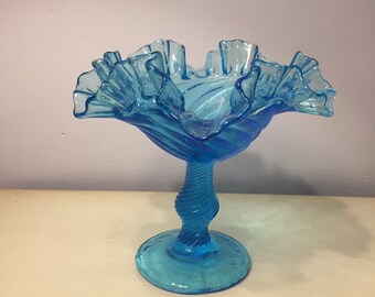 FENTON Blue Swirled URANIUM Glass Candy Dish Compote Double Crimped Ruffled Edge Twist Stem Pedestal Bowl