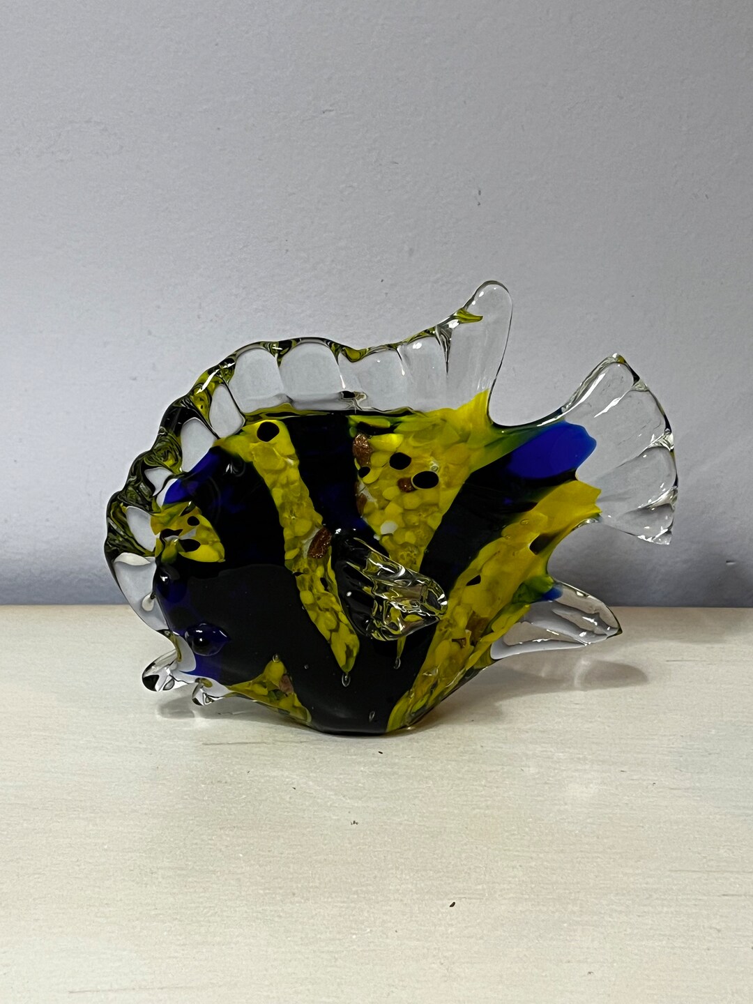 Art Glass FISH Figurine Encased Blue & Yellow Blown Glass Paperweight ...