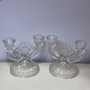 Vintage Jeannette Iris & Herringbone Candlestick Pair: Embossed Glass Candle Holders