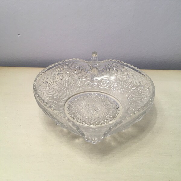 Duncan and Miller SANDWICH GLASS Nappy Handled Heart Shaped Bowl Bonbon Candy Dish Vintage Depression Glass