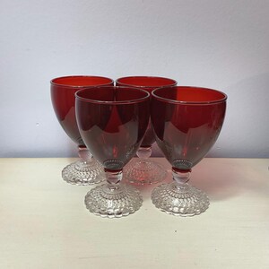 Anchor Hocking Ruby Red BUBBLE FOOT Wine Glasses - Vintage Midcentury Set of 4