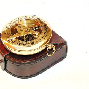 Nautical Marine Brass Push Button Pocket Sundial Compass W/Leather Box Gift | London Pocket Compass | Ideal for Gift, Camping,