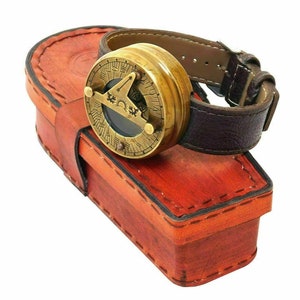 Brass Antibque Nautical Compass Vintage Nautical Steampunk Sundial Compass Wrist Watch W/Leather Bracelet Handmade