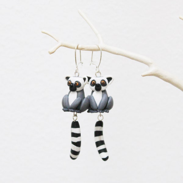 Ring tailed lemur polymer clay earrings with sterling silver nickel free ear wires. Hand sculpted exotic animal gift for a nature lover..
