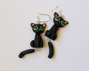 Cute black cat, dangle polymer clay earrings, nickel free, kawaii cat earrings, unique gift, green eyed kittens earrings, hand sculpted