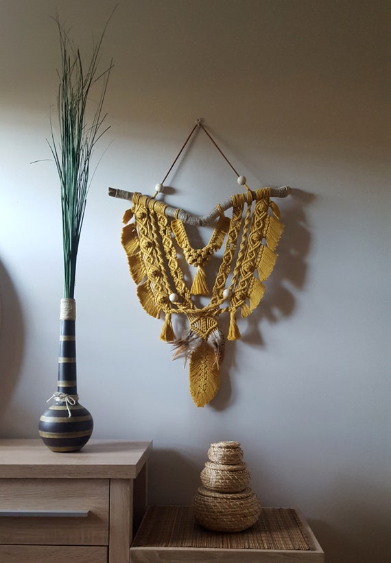 Large mustard yellow macrame wall hanging with leaf charm and Etsy