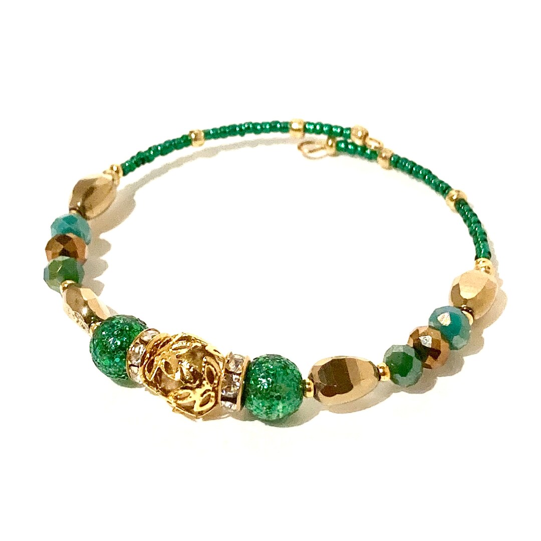 Green Bead Bracelet Bangle Memory Wire Bracelet Adjustable Etsy