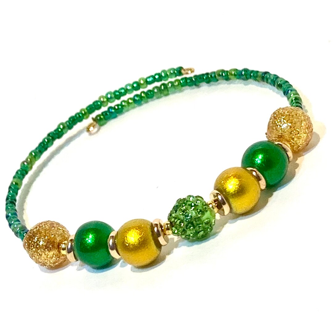 Green Bead Bracelet Bangle Memory Wire Bracelet Adjustable Etsy