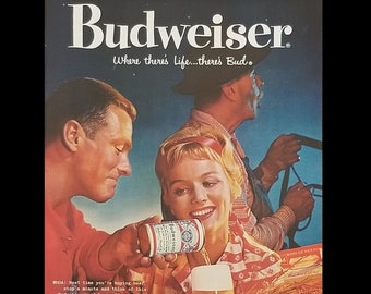 Budweiser Original Print Ad from 1959 - Where there's Life... there's Bud - Original Paper Ad for Framing or Crafting - Beer Lover Gift