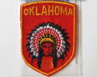 Vintage Travel Patch for the State of Oklahoma Featuring a Native American Chief - Voyager Originals Souvenir Patch