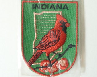 Vintage Travel Patch for the State of Indiana Featuring a Northern Cardinal and Peonies - Voyager Originals Souvenir Patch