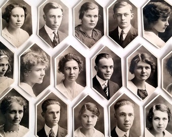 Photographs of Class of 1916 High School Graduates - Lot of 19 Hexagon-Shaped Pictures 3.25"x1.75" - Original Photographs for Arts & Crafts
