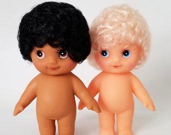 Impkins Dolls - Lot of 2 Impkins Plastic Dolls 4.5" Tall - Light Skin / Blonde Hair & Dark Skin / Dark Hair- Fibre Crafts - 1990s