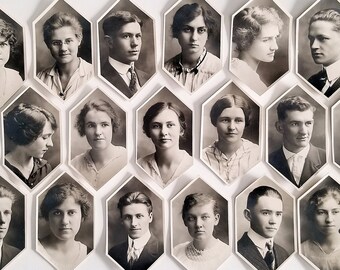 Photographs of Class of 1916 High School Graduates - Lot of 19 Hexagon-Shaped Pictures 3.25"x1.75" - Original Photographs for Arts & Crafts