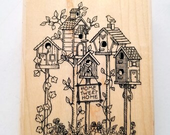 Bird House Rubber Stamp "Home Tweet Home" - 4 3/4" x 3 3/4" - Stampin' Up! - Made in USA - 1990s