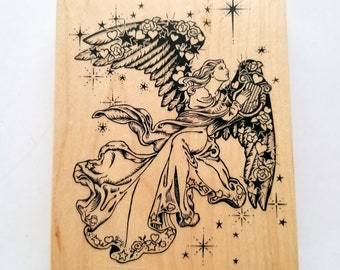 Angel Rubber Stamp - 4 5/8" x 3 5/8" - PSX K-1332 - Harp Playing Angel with Hearts, Roses & Stars - Made in USA - 1994
