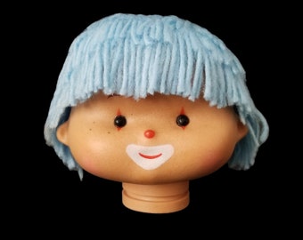 Plastic Doll Head 5" with Blue Yarn Hair & Clown Makeup - 1980s