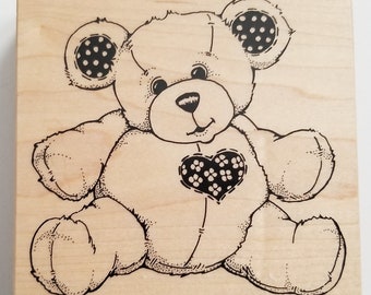 Teddy Bear Rubber Stamp - 4 5/16" x 4 5/16 " - Wood Mounted Stamp - PSX #K-980 Teddy Bear with Flower Heart - Valentine's Day Stamp – 1995
