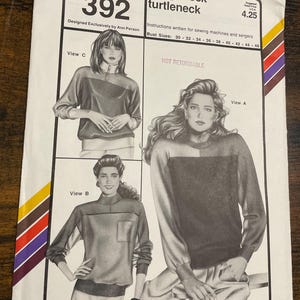 May include: A vintage sewing pattern titled "zippy mock turtleneck" by Stretch & Sew. The pattern features illustrations of the turtleneck design, with bust sizes ranging from 30 to 46 inches. The pattern is from 1990.