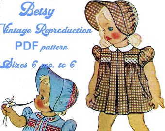 BETSY Vintage Reproduction PDF Smocked Dress Pattern, sz. 6 mo - 6