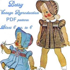 BETSY Vintage Reproduction PDF Smocked Dress Pattern, sz. 6 mo - 6