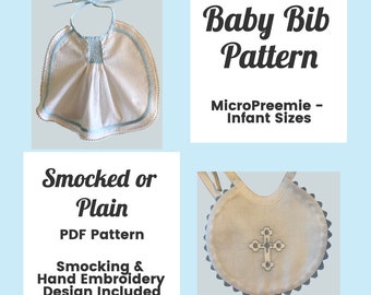 Smocked  & Plain Baby Bib PDF Pattern - Micro Preemie - Infant size