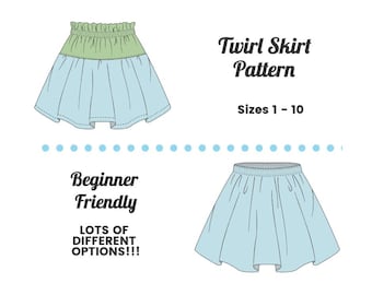 Peut inclure: Illustration d'un patron de jupe à volants avec deux modèles de jupes. Une jupe a une ceinture verte et une jupe bleu clair. L'autre jupe est bleu clair. Le texte indique "Twirl Skirt Pattern, Tailles 1-10, Convivial pour débutants, Beaucoup d'options différentes!!!"