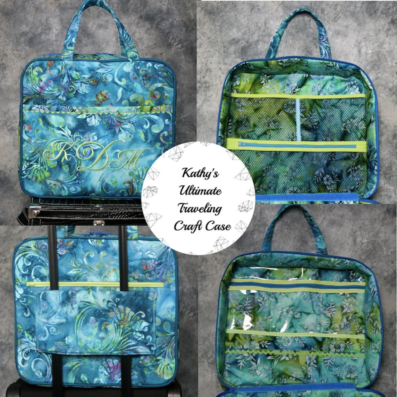 May include: A blue and green fabric travel craft case with multiple pockets and compartments. The case has a zipper closure and a handle. The case is labeled "Kathy's Ultimate Traveling Craft Case".
